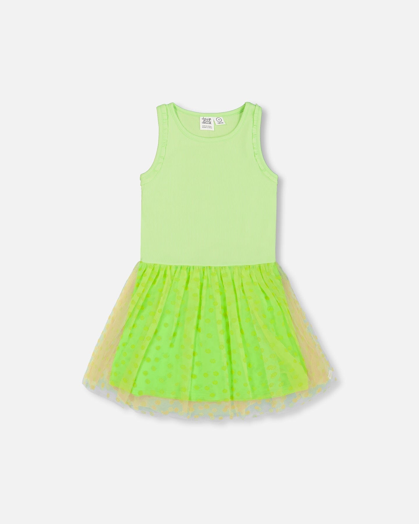 Shiny Ribbed Dress With Mesh Flocking Flowers Lime - F30O89_344