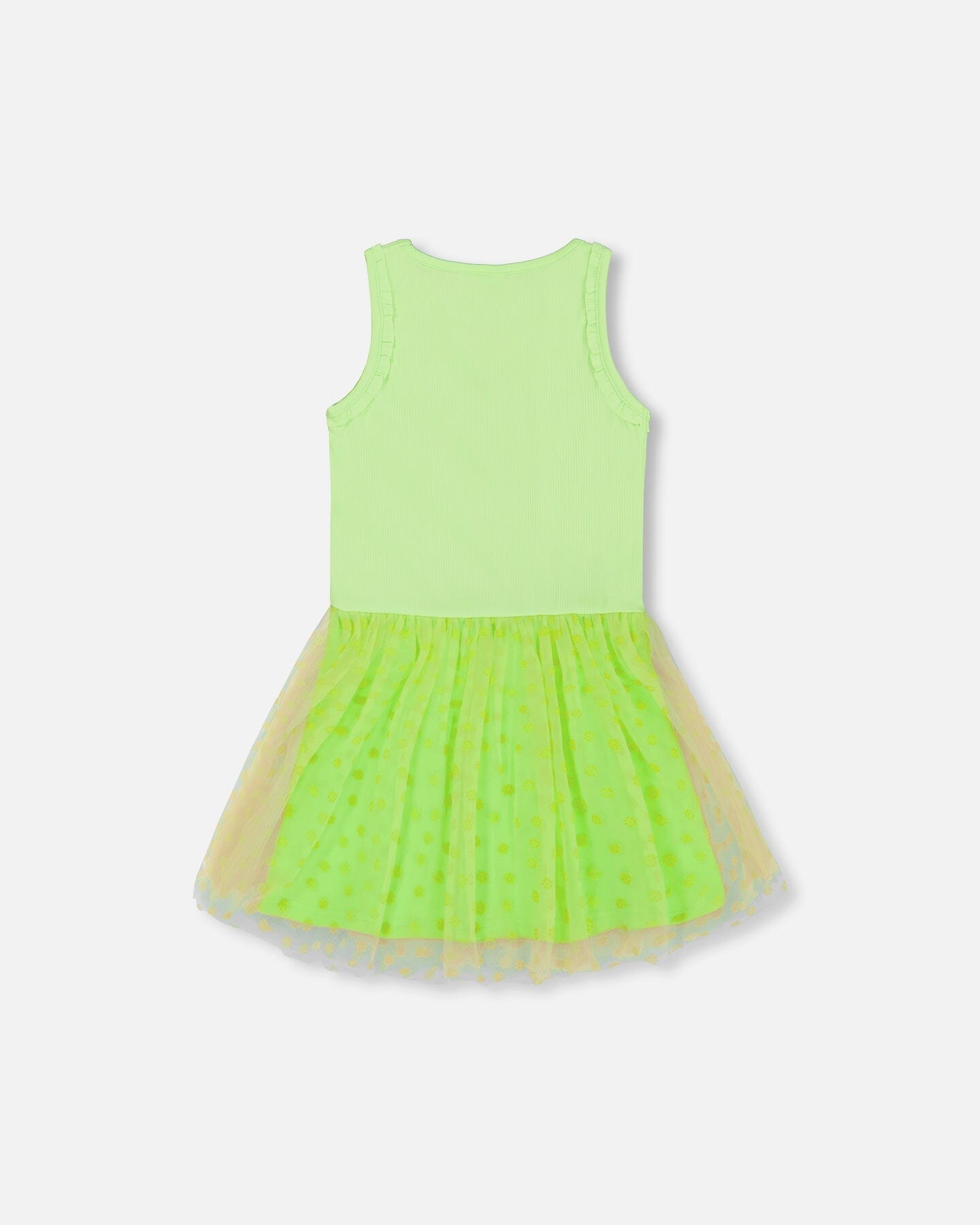 Shiny Ribbed Dress With Mesh Flocking Flowers Lime - F30O89_344