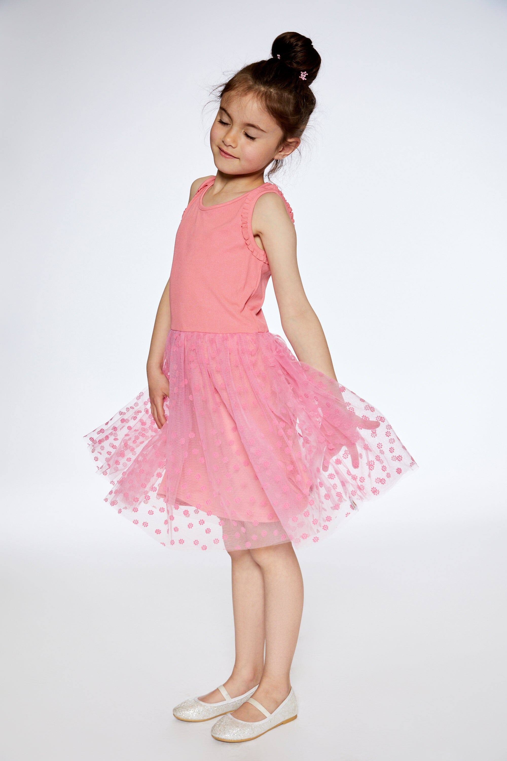 Shiny Ribbed Dress With Mesh Flocking Flowers Pink - F30O89_636
