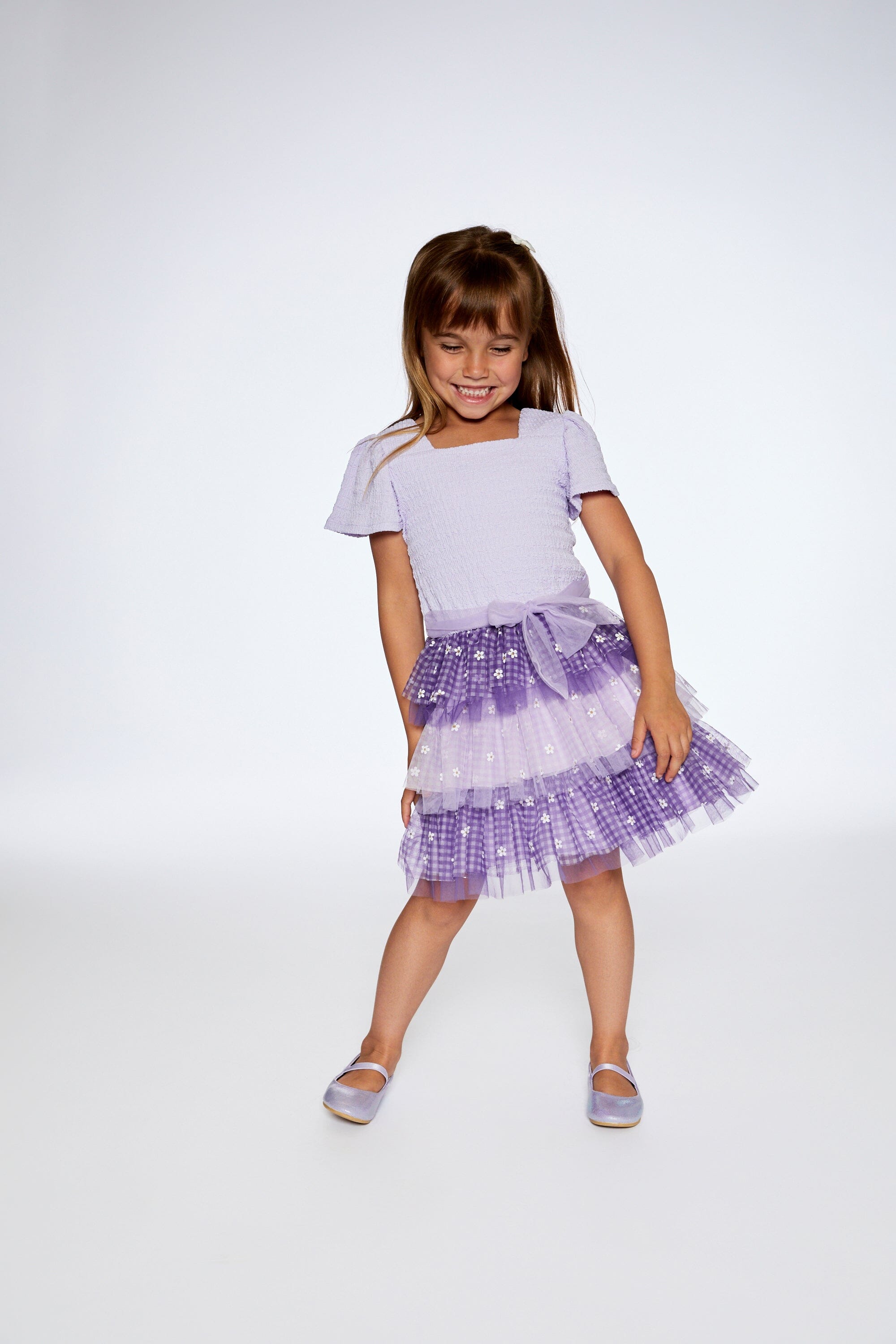 Textured Knit Dress With Mesh Skirt Lavender - F30O99_518
