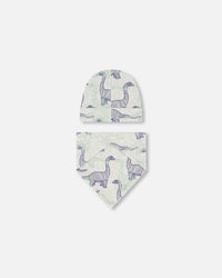 Organic Cotton Hat And Bib Set Heather Beige Printed Dinosaurs - F30PA10_060