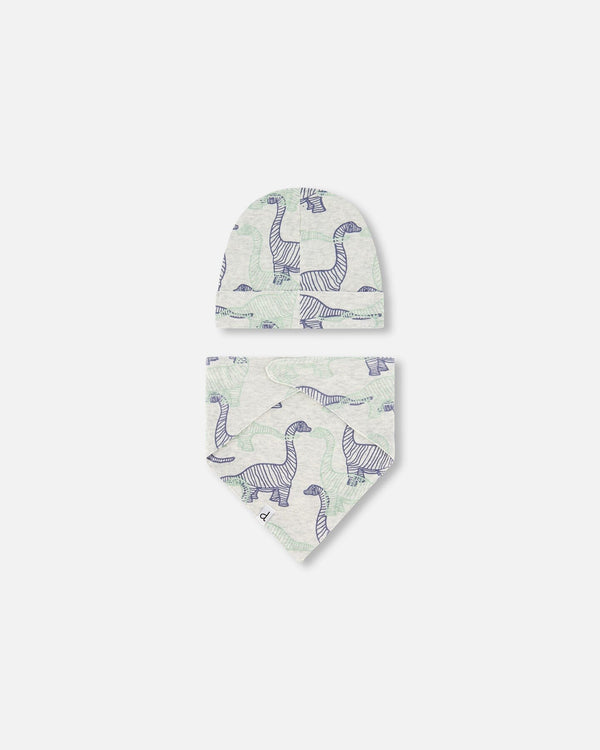 Organic Cotton Hat And Bib Set Heather Beige Printed Dinosaurs - F30PA10_060