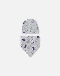 Organic Cotton Hat And Bib Set Grey Mix Printed Dogs - F30PA10_061