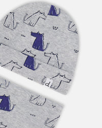 Organic Cotton Hat And Bib Set Grey Mix Printed Dogs - F30PA10_061