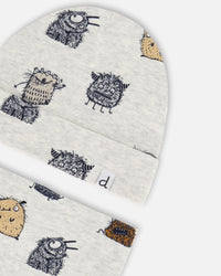 Organic Cotton Hat And Bib Set Heather Beige Printed Monsters - F30PA10_062