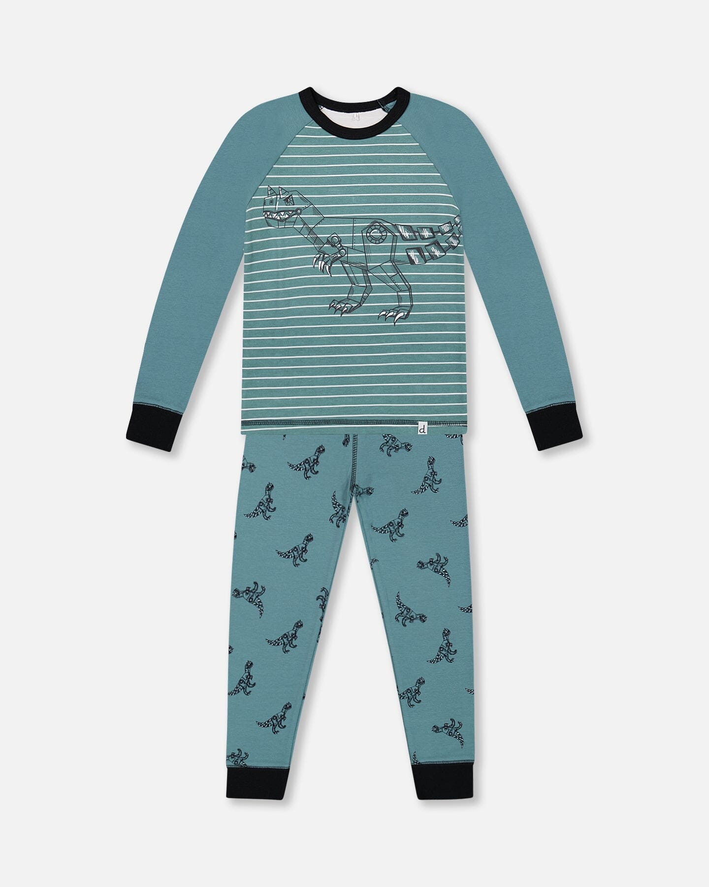Organic Cotton Long Sleeve Two Piece Pajama Set Teal With Mechanical Dinosaurs Print - F30PB14_063