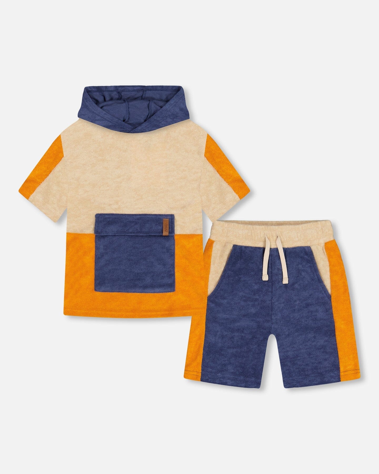 Terry Cloth Hooded Top And Short Set Navy And Beige - F30U11_976