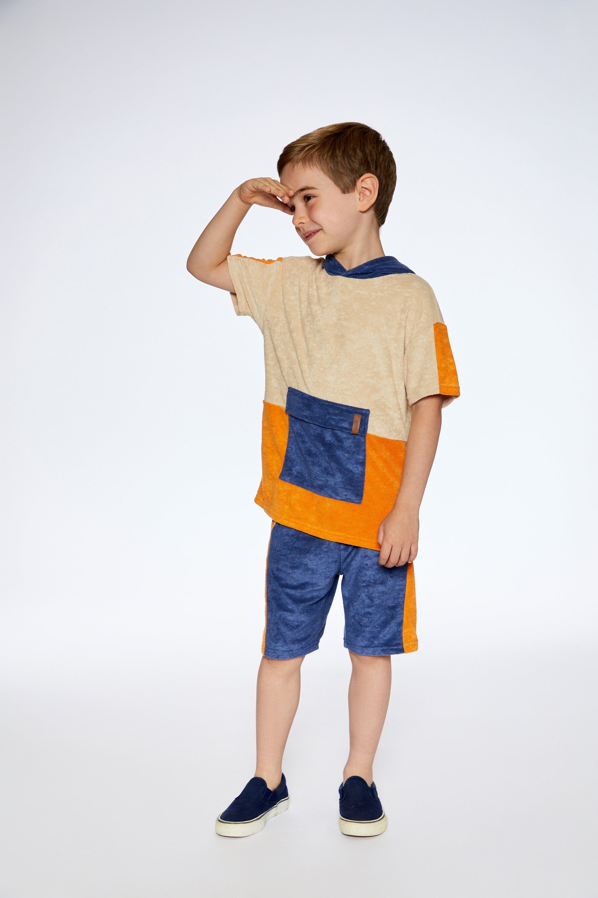Terry Cloth Hooded Top And Short Set Navy And Beige - F30U11_976