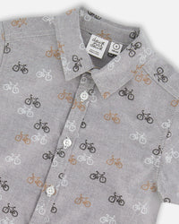 Short Sleeve Chambray Shirt Dark Grey Printed Bicycle - F30U15_037