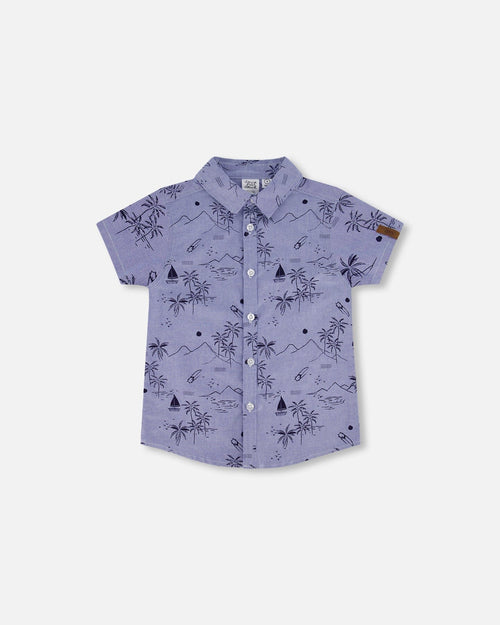 Short Sleeve Chambray Shirt Blue Printed Beach - F30U15_038