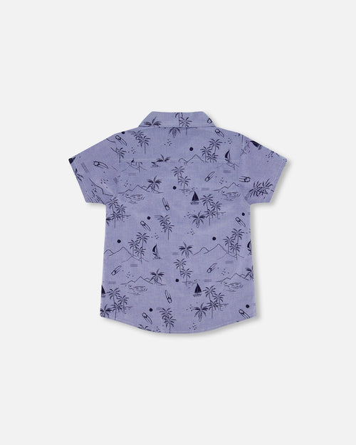 Short Sleeve Chambray Shirt Blue Printed Beach - F30U15_038