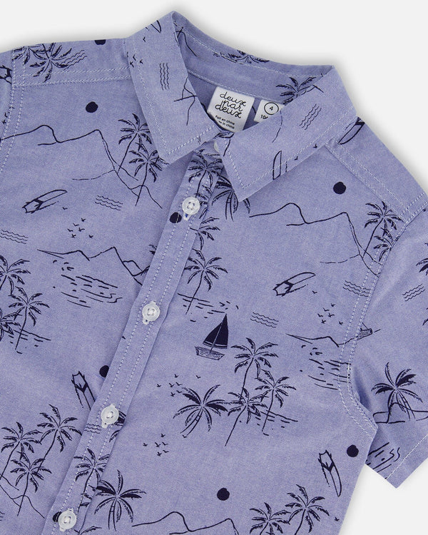 Short Sleeve Chambray Shirt Blue Printed Beach - F30U15_038