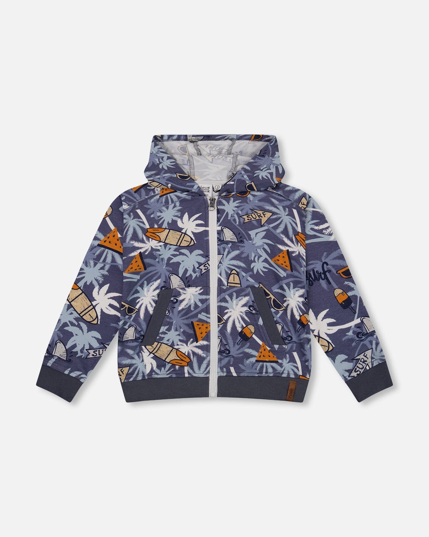 French Terry Hooded Cardigan Printed Palm Tree And Surf - F30U32_036