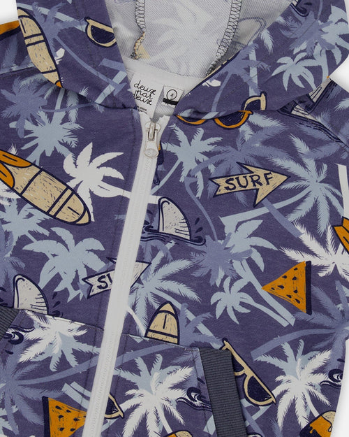 French Terry Hooded Cardigan Printed Palm Tree And Surf - F30U32_036