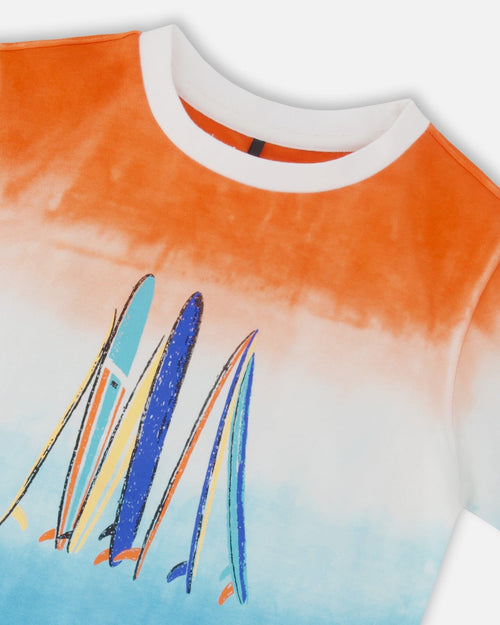 Organic Cotton T-Shirt With Gradient Blue And Orange Print - F30U76_100