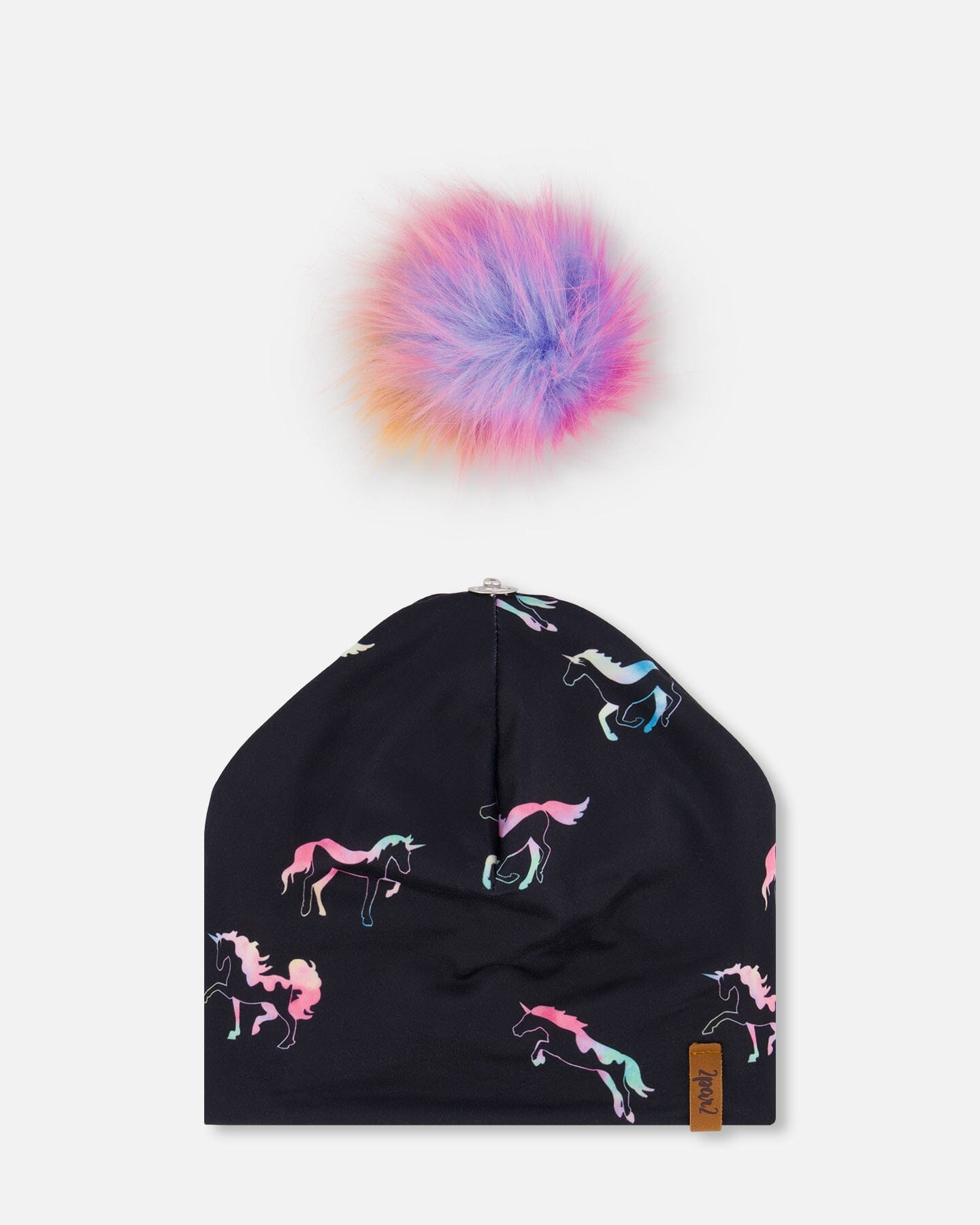 Detachable Pompom Hat Black Printed Multicolor Unicorns Outdoor Accessories Deux par Deux 