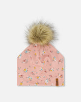Detachable Pompom Hat Pink Little Flowers Print