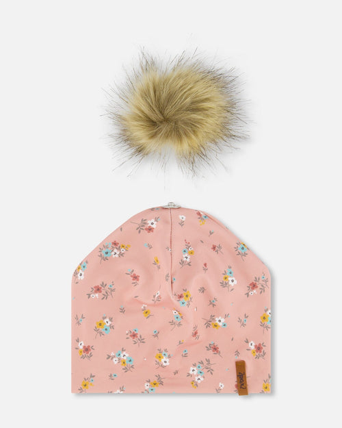 Detachable Pompom Hat Pink Little Flowers Print Outdoor Accessories Deux par Deux 