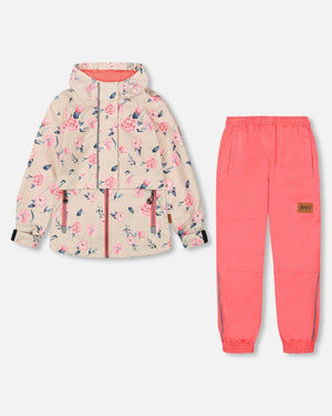 Two Piece Hooded Coat And Pant Mid-Season Set Ivory Printed Flowers Coral - F30W51_628