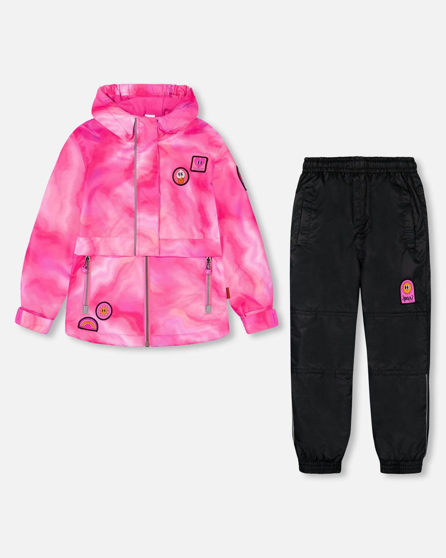 Two Piece Hooded Coat And Pant Mid-Season Set Printed Fuchsia Marble And Black Outerwear Deux par Deux 