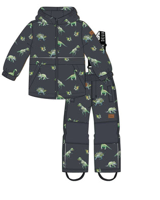 Two Piece Hooded Coat And Overalls Mid-Season Set Grey Printed Dinosaurs Outerwear Deux par Deux 
