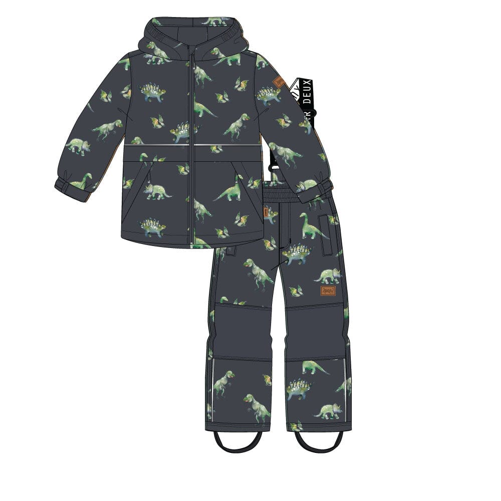 Two Piece Hooded Coat And Overalls Mid-Season Set Grey Printed Dinosaurs Outerwear Deux par Deux 