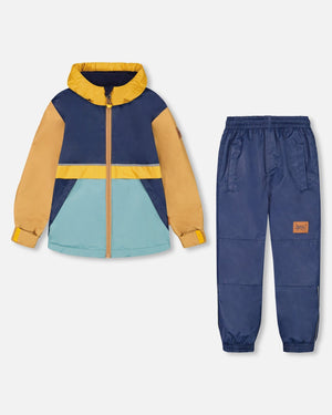 Two Piece Hooded Coat And Pant Mid-Season Set Colorblock Navy, Blue And Yellow - F30W54_479