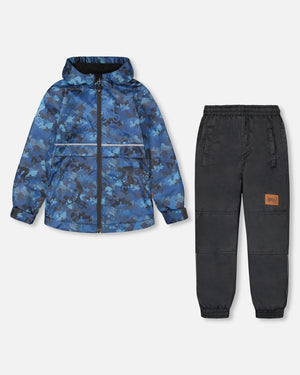 Two Piece Hooded Coat And Pant Mid-Season Set Blue Printed Bike And Black - F30W54_999