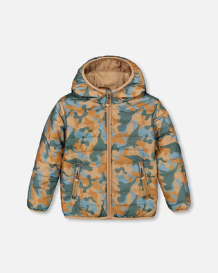 Quilted Mid-Season Jacket Beige Printed Camo Dinos - F30W57_015