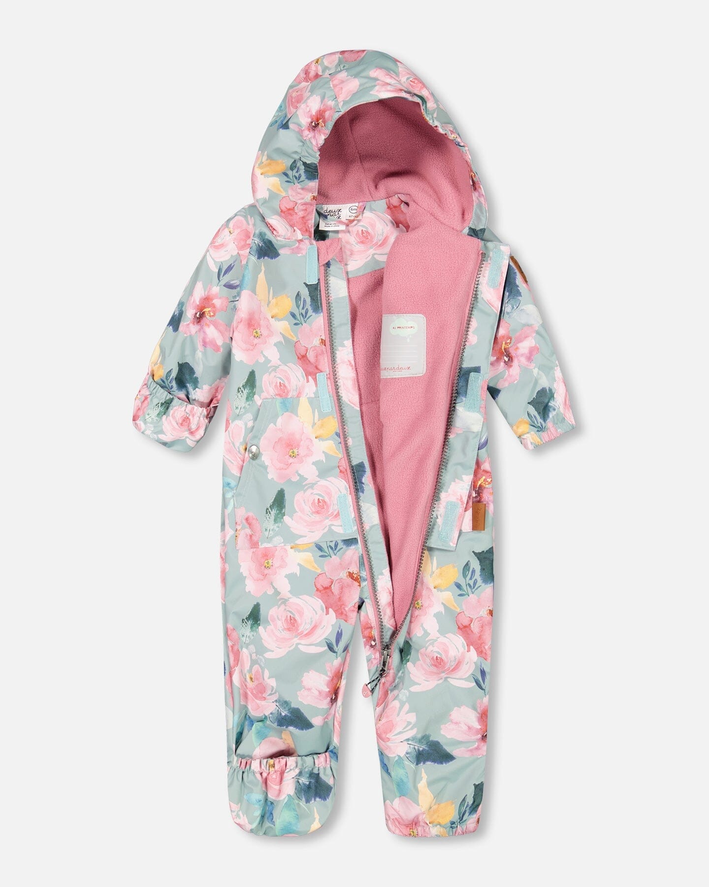 Baby Mid-Season One Piece With Hat Sage Green Printed Watercolor Roses - F30W65_003