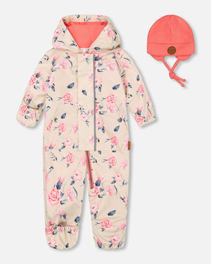 Baby Mid-Season One Piece With Hat Ivory Printed Flowers Coral - F30W65_005