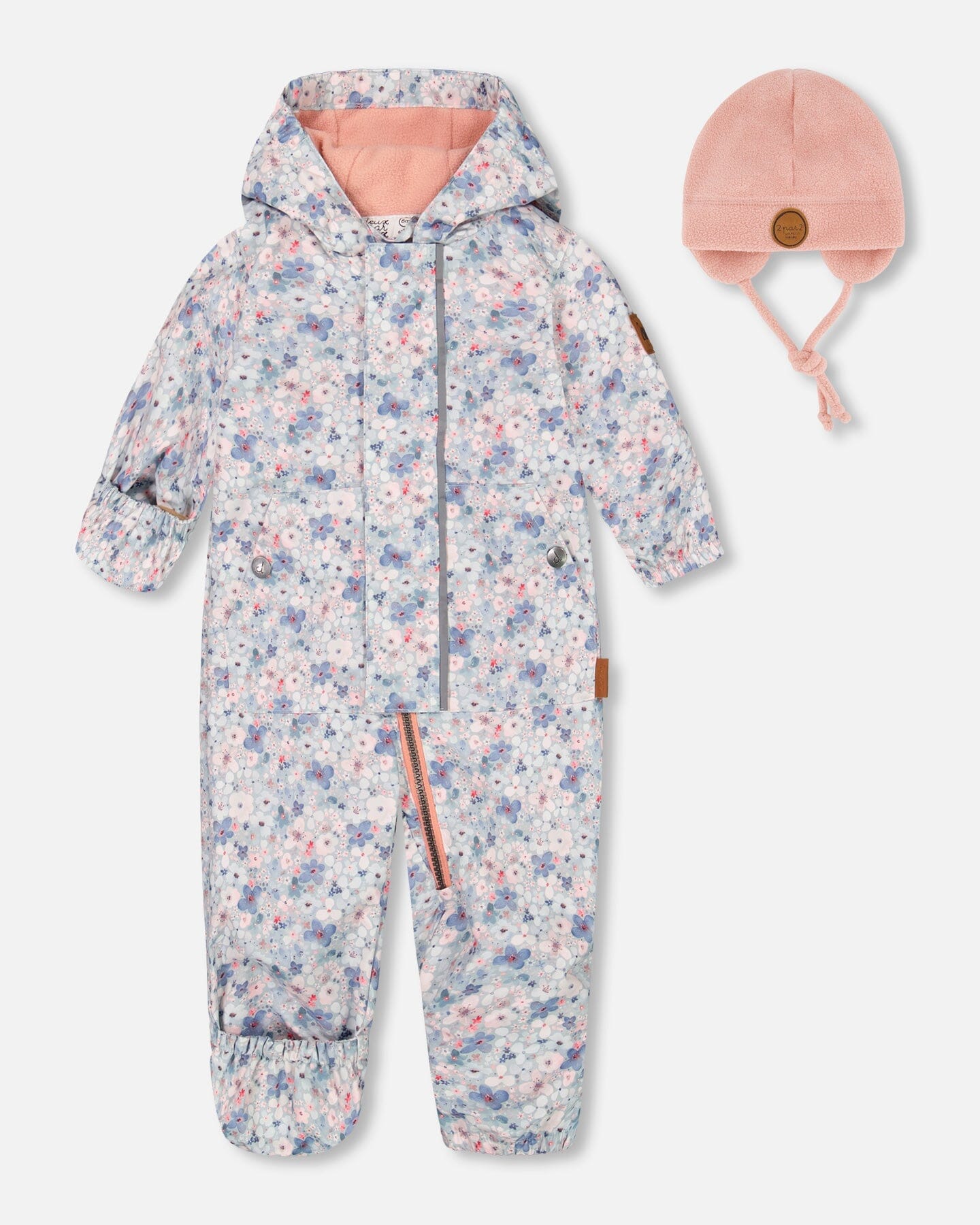 Baby Mid-Season One Piece With Hat Baby Blue Printed Watercolor Flowers - F30W65_006