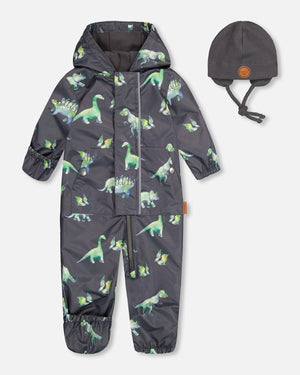 Baby Mid-Season One Piece With Hat Grey Printed Dinosaurs - F30W65_018