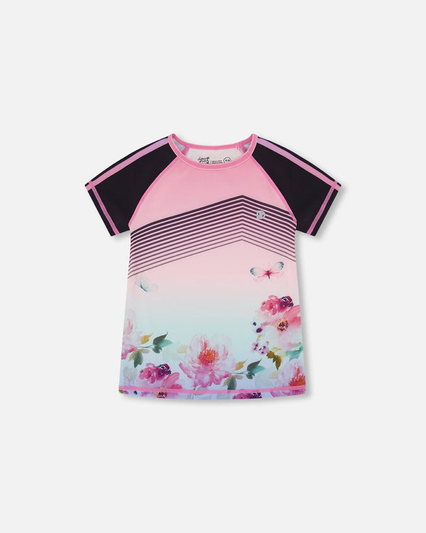 Short Sleeve Athletic Top Gradient Pink Printed Big Flowers - F30XG71_605