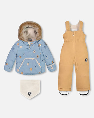 Two Piece Baby Snowsuit Blue Printed Bear Face And Doe - G10A501_160