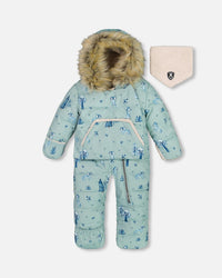 One Piece Baby Hooded Snowsuit Sage Printed Racoons Designed For Car Seat - G10B701_004