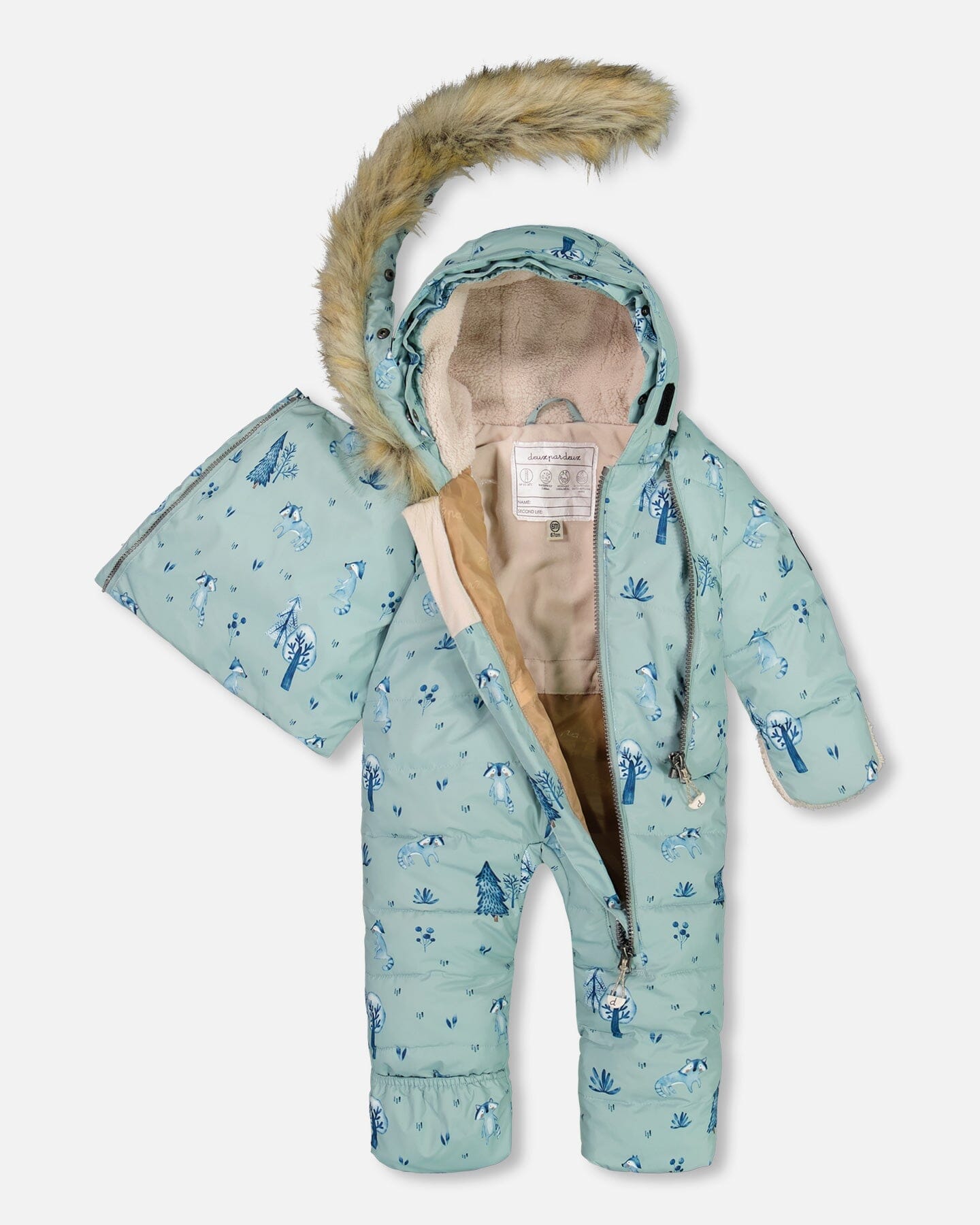 One Piece Baby Hooded Snowsuit Sage Printed Racoons Designed For Car Seat - G10B701_004