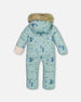 One Piece Baby Hooded Snowsuit Sage Printed Racoons Designed For Car Seat - G10B701_004