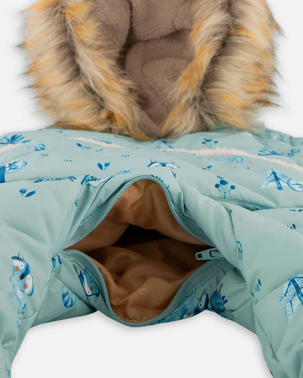 One Piece Baby Hooded Snowsuit Sage Printed Racoons Designed For Car Seat - G10B701_004