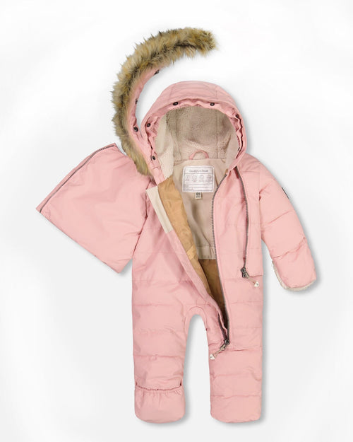 One Piece Baby Hooded Snowsuit Pink Designed For Car Seats & Strollers Snowsuits Deux par Deux 