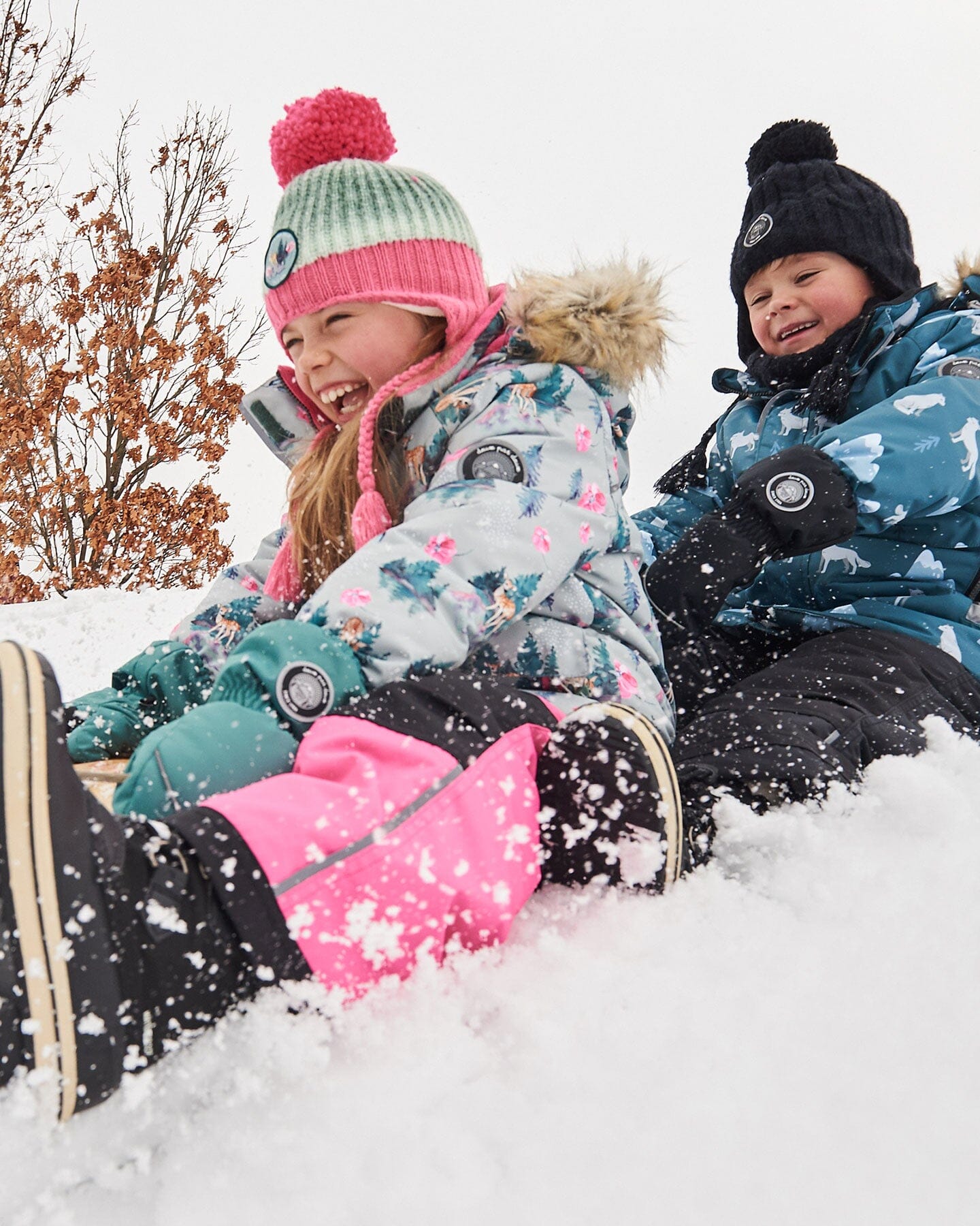 Two Piece Snowsuit Candy Pink Printed Deer Snowsuits Deux par Deux 