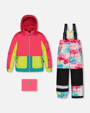 Two Piece Snowsuit Colorblock Fuchsia, Lime And Turquoise With Printed Bubbles - G10E806_010