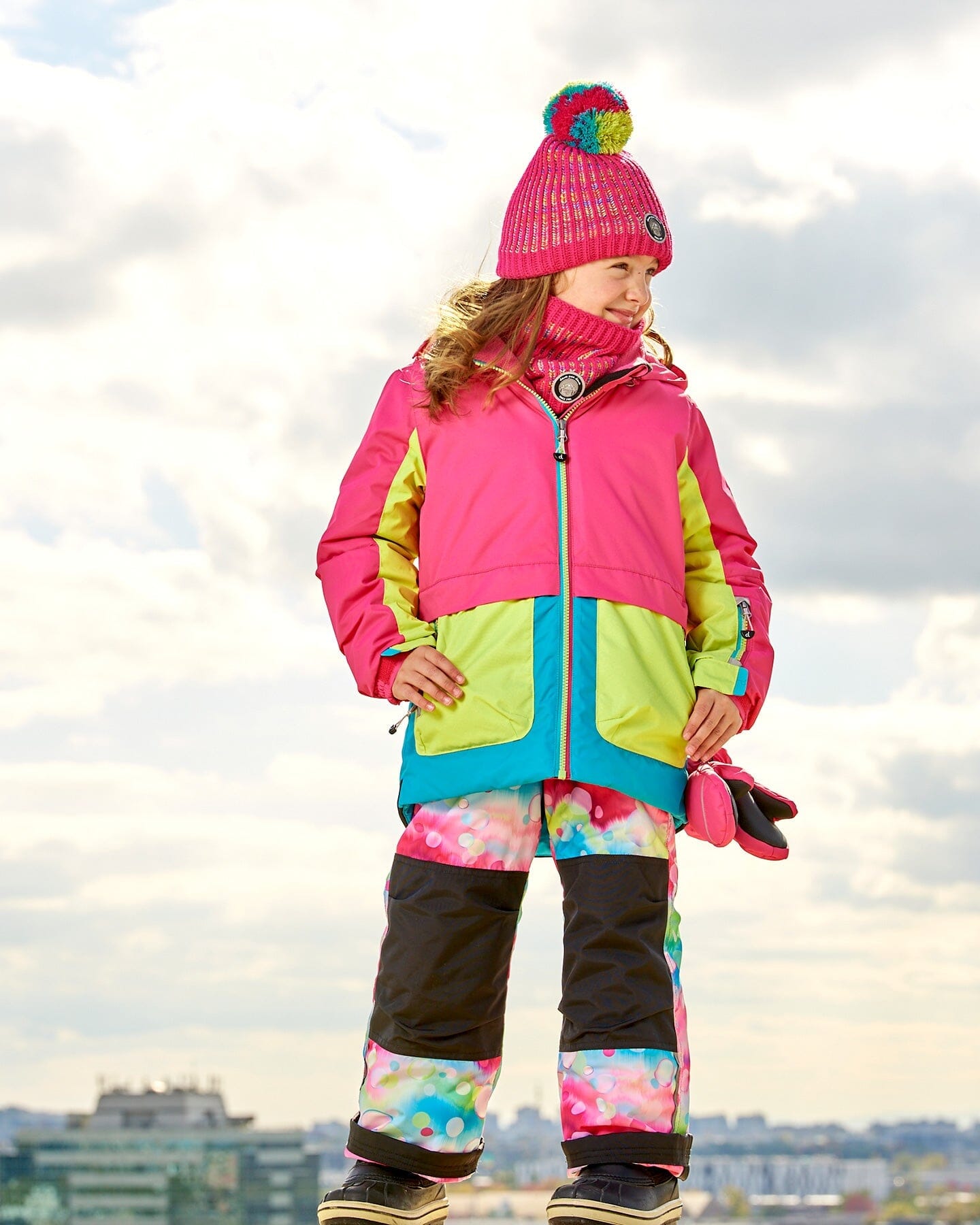 Two Piece Snowsuit Colorblock Fuchsia, Lime And Turquoise With Printed Bubbles - G10E806_010