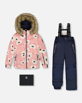 Habit de neige 2-pièces rose imprimé fleurs blanc cassé et pantalon bleu marine