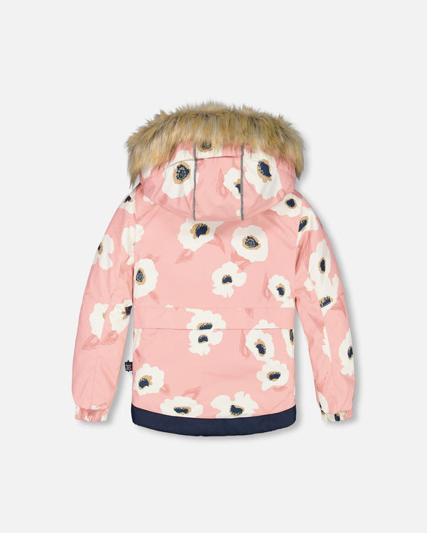 Two Piece Snowsuit Pink Printed Off White Flowers And Navy - G10F803_479