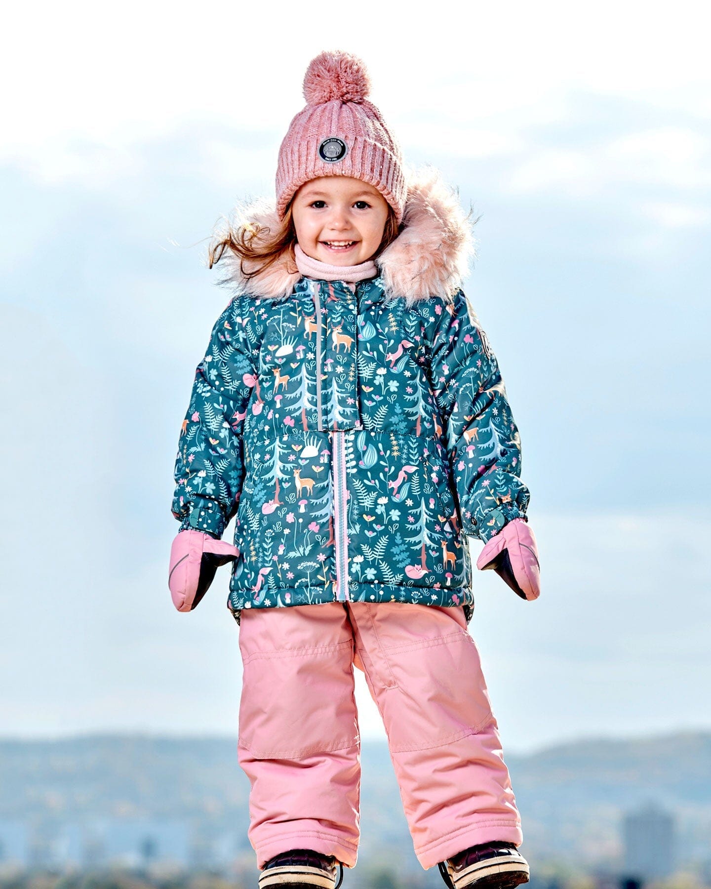 Two Piece Baby Snowsuit Silver Pink Printed Woodland Animals - G10G502_622