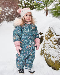 One Piece Baby Snowsuit Sage Printed Woodland Animals Designed For Car Seat Snowsuits Deux par Deux 