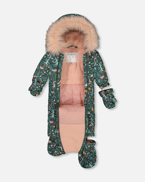 One Piece Baby Snowsuit Sage Printed Woodland Animals Designed For Car Seat - G10G703_016