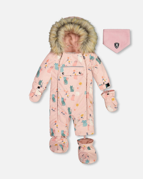 One Piece Baby Snowsuit Light Pink Printed Cats Designed For Car Seat - G10H703_015