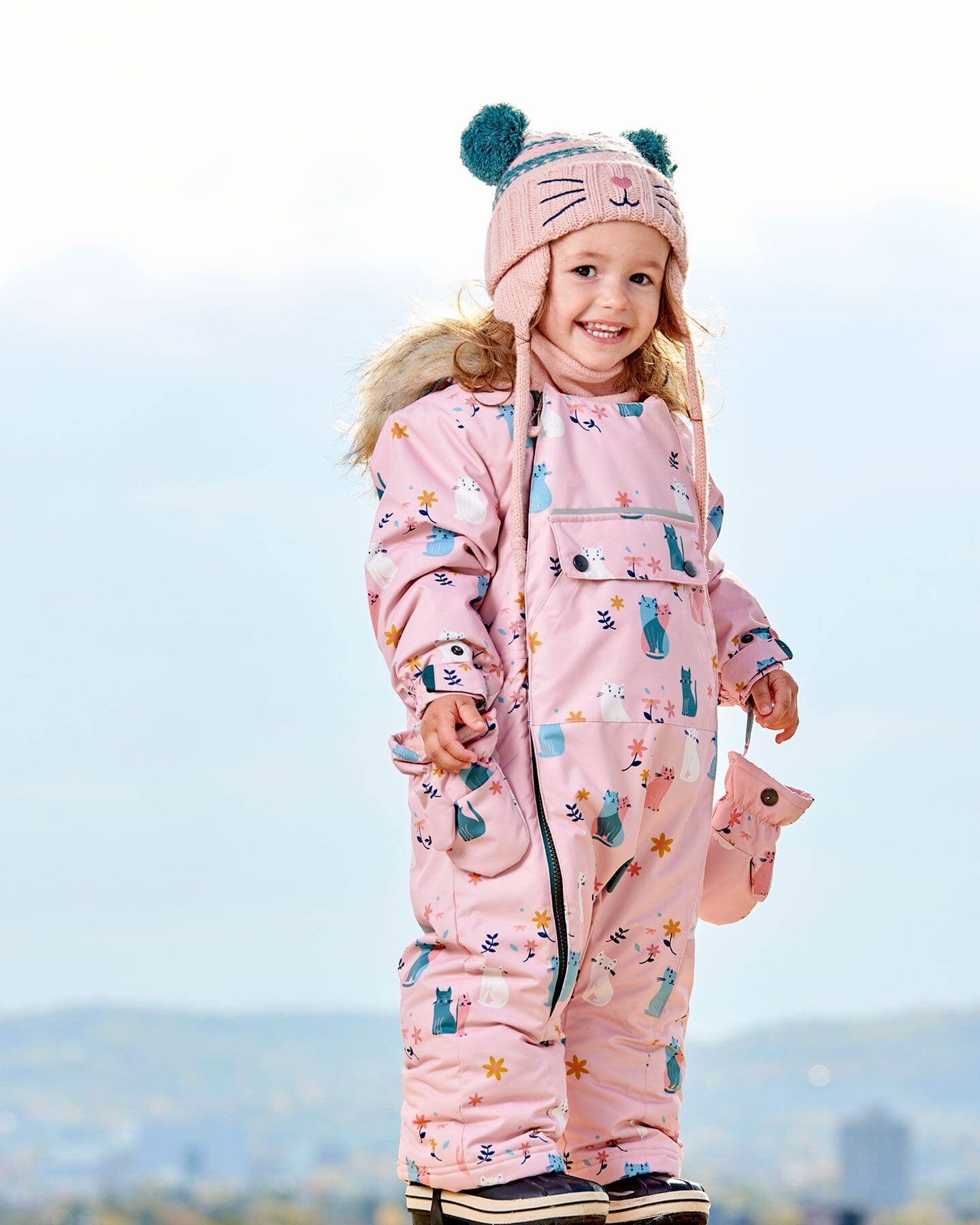 One Piece Baby Snowsuit Light Pink Printed Cats Designed For Car Seat Deux par Deux